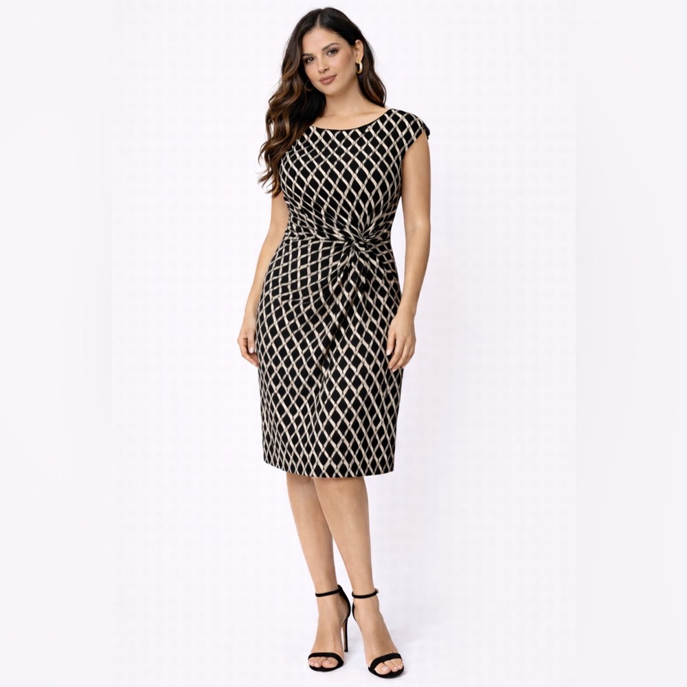 Ralph Lauren Dress Black White 8 Stretch Sheath Washable  Side Knot Career